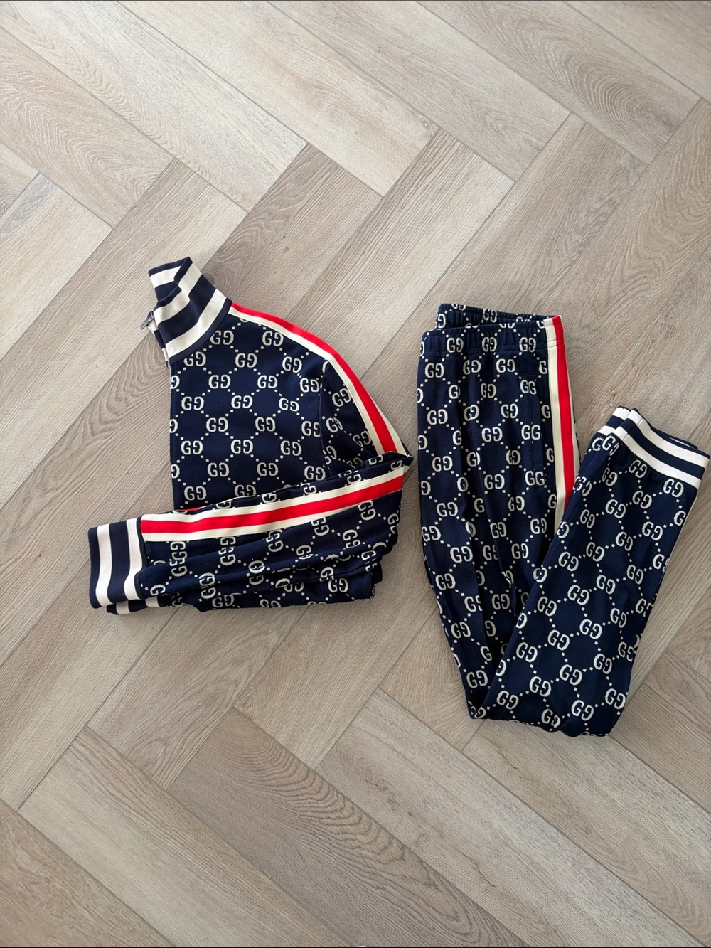 Gucci Navy GG-Print Sweatpants with Red Stripe & matching track jacket (set)